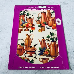Vintage 1950&#39;s NOS Meyercord Decals, Copper Kitchen Pots, Fruit, Kitchen Decor, Retro, Kitsch