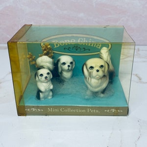 Vintage UC&GC Box Set-Mini Bone China Pekingese Dog Set of 3 Figurines, Keepsake, Collectible