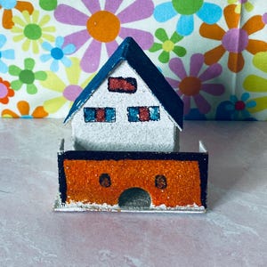 Vintage Japan Small Putz House Christmas Ornament Mica Glitter Cardboard, Collectible, Keepsake.