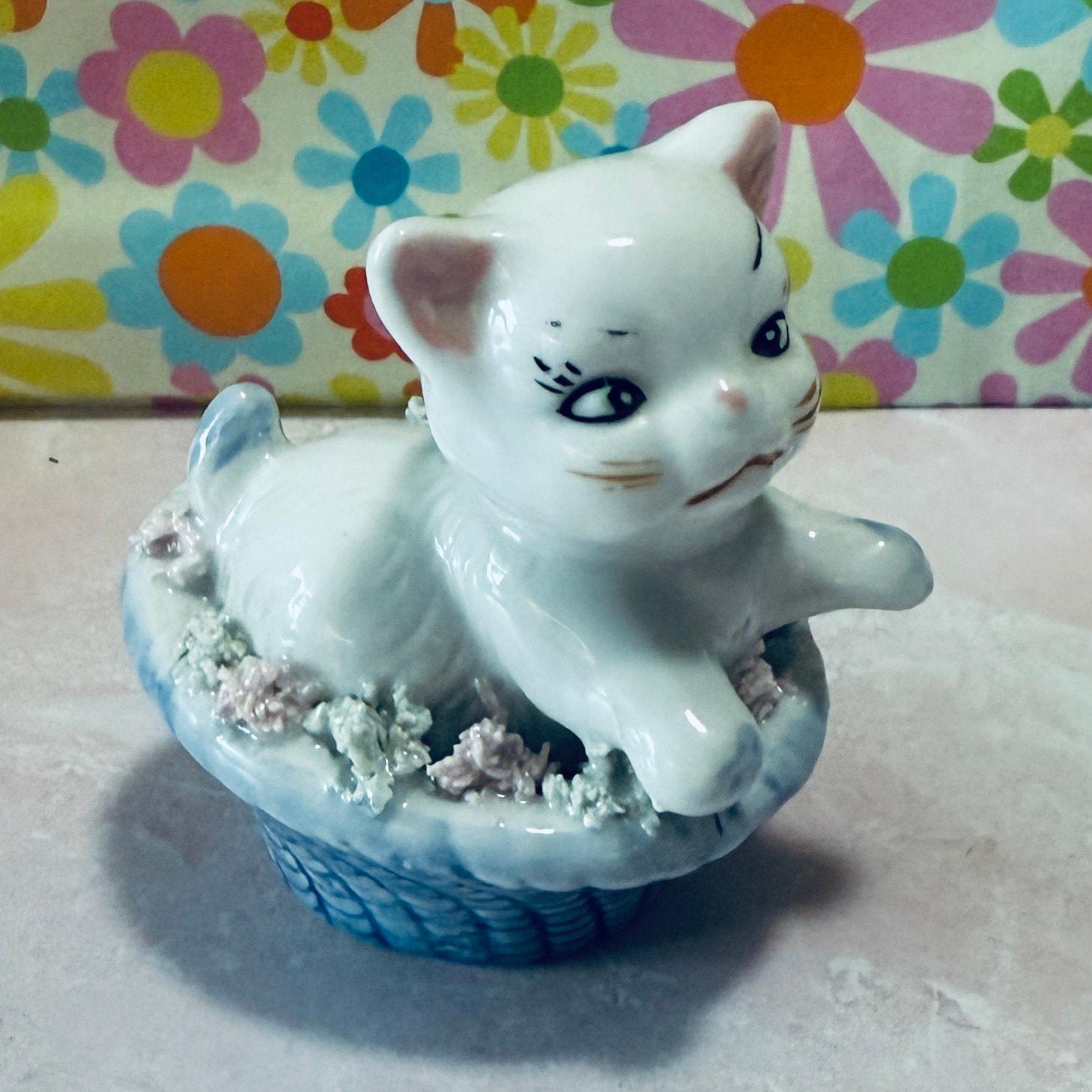 Vintage Kitschy Ceramic Kitty Figurine in Basket - Etsy
