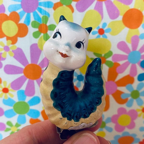 HTF-Rare Vintage Napco Japan Anthropomorphic Ceramic Caterpillar Inch Worm Clip, Kitsch, Collectible