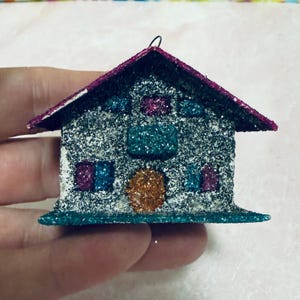 Vintage Japan Mini Putz House Christmas Ornament Mica Glitter Cardboard, Collectible, Keepsake.