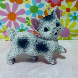 Vintage Japan Kitschy Sugar Glazed Spotted Kitty Cat Porcelain Figurine, Collectible, Keepsake