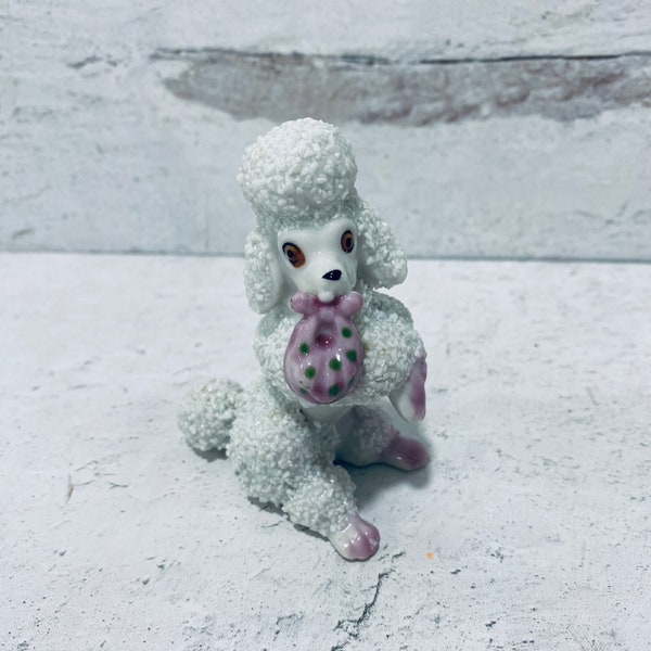 Vintage 1950's Sugared Poodle Porcelain Figurine, White-Pink, Japan, Collectible, Keepsake