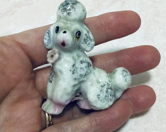 Vintage Japan Miniature White Porcelain Poodle w/Pink Flower Figurine, Keepsake