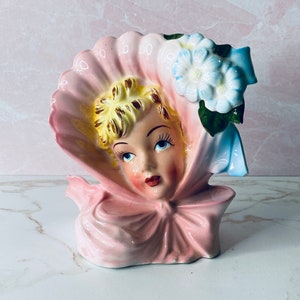 Vintage Pink Lady Bonnet Flowers Head Vase Planter, Collectible, Keepsake