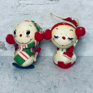 Vintage Japan Set of 2 Flocked Kitschy Cute SnowMan & SnowGirl Christmas Ornaments, Keepsake, Collectible