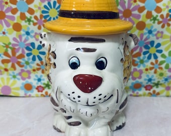 Vintage Brazil Happy Tiger/Lion Hand Painted Ceramic Cookie Jar, Collectible