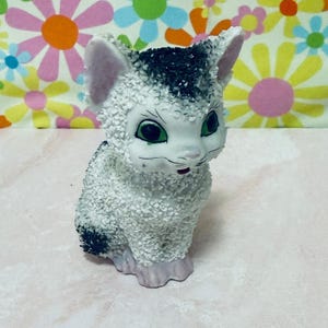 Vintage Japan Kitschy Sugar Glazed Spotted Kitty Cat Porcelain Figurine, Collectible, Keepsake