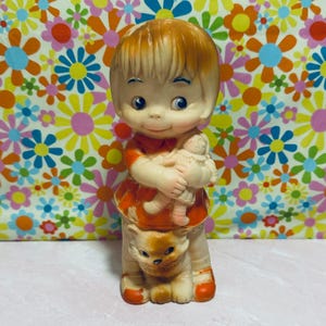 Vintage 1968 J.L. Prescott Co. Rubber Squeak Girl Holding Doll & Kitten Toy, Kitsch, Collectible