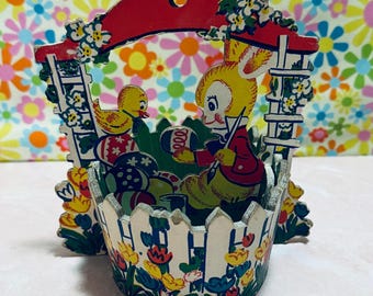 Vintage 1952 Dolly Toy Co. Litho Easter Basket w/Bunny Rabbit Painting Eggs, Collectible, Keepsake