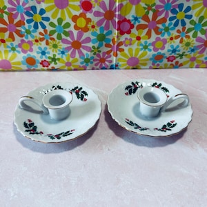 Vintage Christmas Holly Fine Porcelain Candlestick Holders, Keepsake, Collectible