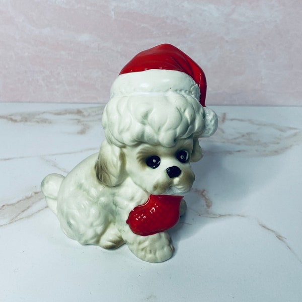 Vintage Josef Originals Christmas White Poodle Puppy Dog Figurine, Keepsake, Collectible