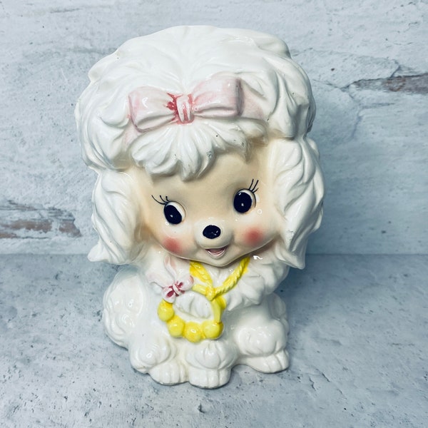 Vintage Brinn's Japan White Puppy Poodle Ceramic Planter, Kitsch, Keepsake, Collectible