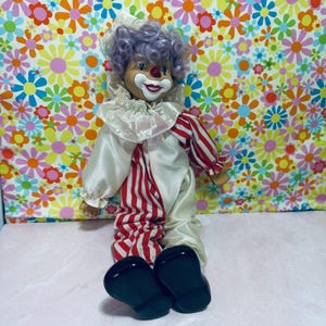 Vintage Large Porcelain Clown Doll w/Purple Hair & Striped Outfit, Collectible, Keepsake