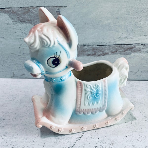 Vintage Inarco Anthropomorphic Baby Rocking Horse Ceramic Planter, Blue, Pink, Japan, Kitsch, #E3673