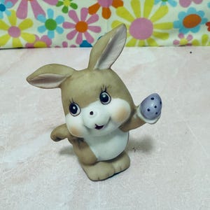 Vintage Porcelain Ceramic Miniature Bunny Rabbit Holding Easter Egg Figurine, Keepsake, Collectible
