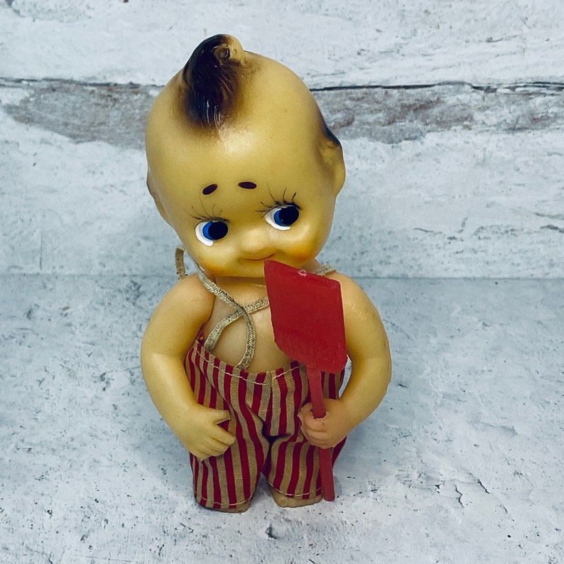 Vintage Rubber Kewpie Doll, Overalls and Plastic Shovel, Rubber Toys