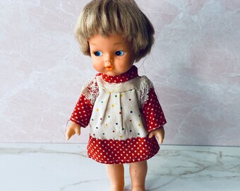 Vintage No Name Cute Plastic Doll w/Red Dress-Hong Kong, Kitschy Cute, Collectible, Keepsake