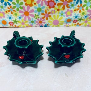 Vintage Set of 2 Lefton Green Holly Berry Candlestick Candle Holders , Keepsake, Collectible