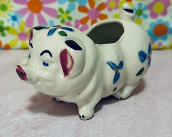 Vintage Cute Ceramic Floral Pig Toothpick Holder/Planter, Keepsake, Collectible