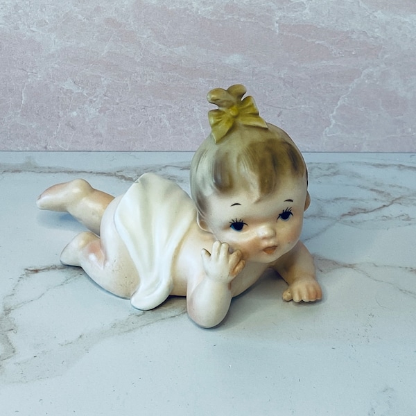 Vintage 1960 Napco Crawling Kewpie Baby Girl, Porcelain Ceramic Figurine, Keepsake, Collectible