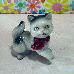 Vintage White & Black Kitty Cat w/Red Bow, Porcelain Ceramic Figurine, Collectible, Keepsake