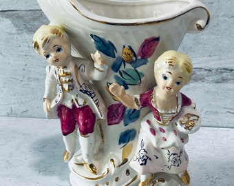 Vintage Victorian Gentleman and Lady Handpainted Ceramic Vase, Planter, Japan