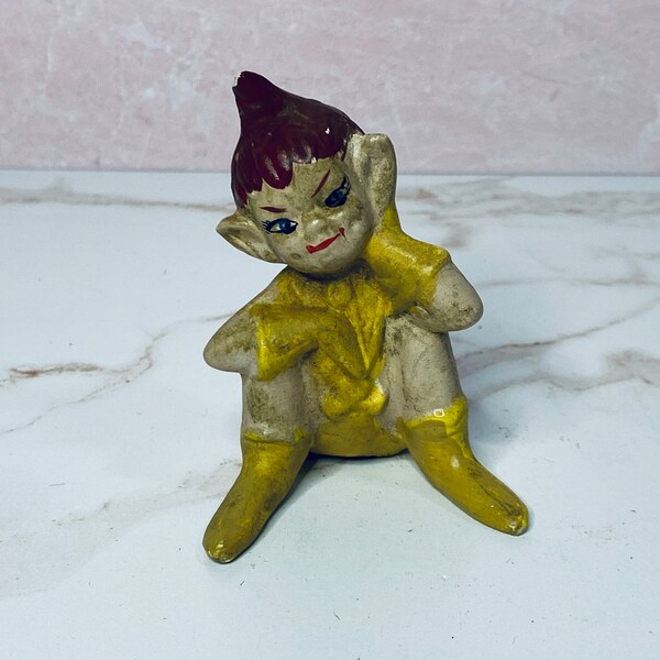 Vintage Yellow Pixie Elf Ceramic Porcelain Figurine, Keepsake, Collectible