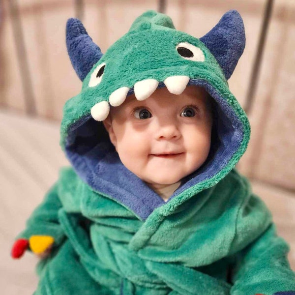 Personalised embroidered baby robe, dinosaur dressing gown,  bath robe, newborn baby gift, christening gift, super soft robe. FAST DELIVERY