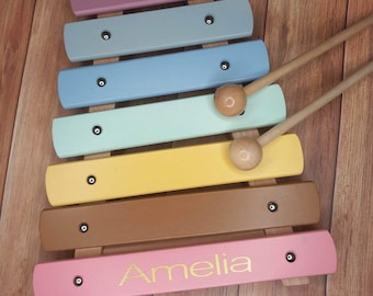 Personalized Beechwood Xylophone, Pastel Rainbow, Toddler Montessori Toy