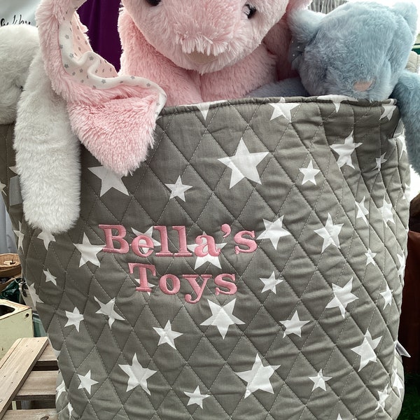 Personalised childrens toy storage basket, grey stars nursery storage bag, fabric laundry bag, toy bucket, baby shower gift. FAST DELIVERY