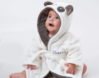 Personalised embroidered baby robe, panda dressing gown, baby bath robe, newborn baby gift, christening gift, super soft robe. FAST DELIVERY