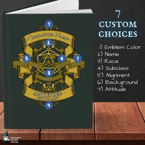 Carnet cartonné personnalisé D&D pour joueurs D&D ou BG3 | Les 14 cours D&D | 16 couleurs de couverture | Emblème personnalisable et bien plus encore !