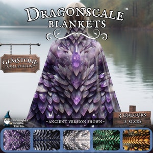 May include: A purple, gemstone-patterned dragon scale blanket. The blanket is draped over a person standing in front of a lake. The text "Dragon Scale Blankets" and "Gemstone Collection" is visible. Five different color options are shown below the main image.