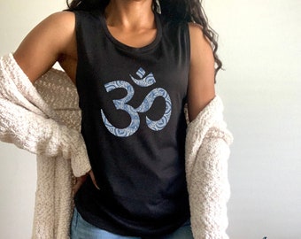 Om Mandala, Blue and White, Mandala, Yoga Shirt, Exercise Shirt, Women's Flowy, Scoop Neck, Muscle Tank