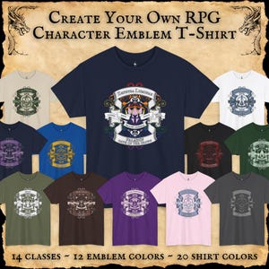 Personalized DnD D20 Character Emblem T-Shirts for Group/Party Orders | 14 RPG Classes | 240 Color Combos | Custom DnD & Fantasy Gamer Gifts