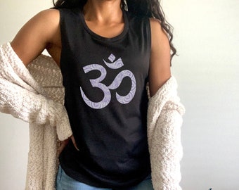 Om Mandala, Purple and White, Mandala, Yoga Shirt, Exercise Shirt, Women's Flowy, Scoop Neck, Muscle Tank