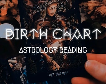 Könnte beinhalten: Eine Tarotkartenlegung mit der Karte der Kaiserin nach oben. Die Karte ist dunkel mit einer Frau, die eine Blumenkrone und ein Geweih trägt. Der Text "BIRTH CHART" und "ASTROLOGY READING" befindet sich über der Karte.