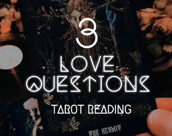 May include: A tarot card reading with the text "3 Love Questions Tarot Reading" and the card "The Hermit" visible.