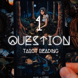 May include: A tarot card with a dark, mystical illustration. The card features a woman in a forest, the number 4, and the words "QUESTION" and "TAROT READING." The card is labeled "FIVE OF CUPS."