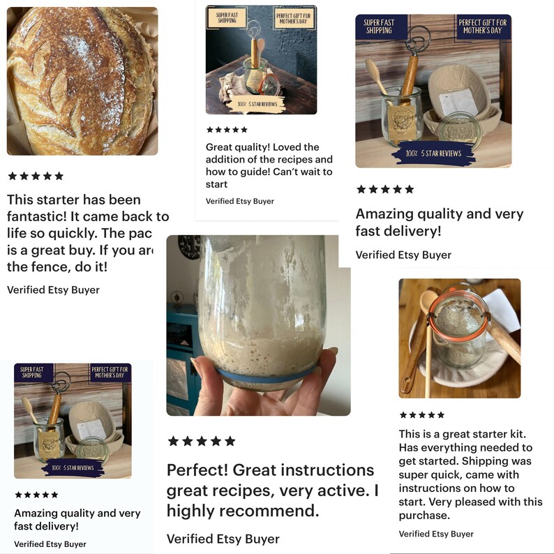 May include: A close-up of a sourdough starter in a glass jar. The starter is a light brown color and has a bubbly texture. The jar is sitting on a white surface. The image also includes a five-star rating and the text "Verified Etsy Buyer".