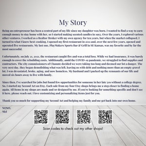 May include: A woman shares her story of rebuilding her life after a fire destroyed her restaurant. She is selling handmade items on Etsy to help her family get back on their feet. The image includes three QR codes to scan to visit her Etsy shops.