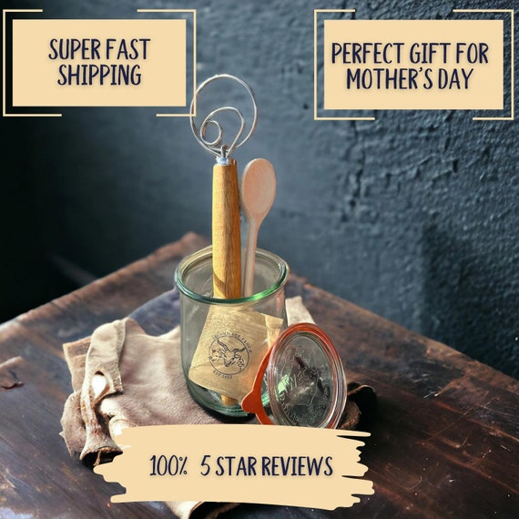 Basic Sourdough Starter Kit with Weck Tulip Jar, San Francisco 150 year old, Bread making kit,  Danish Whisk, Spoon, Recipes, Fast Shipping