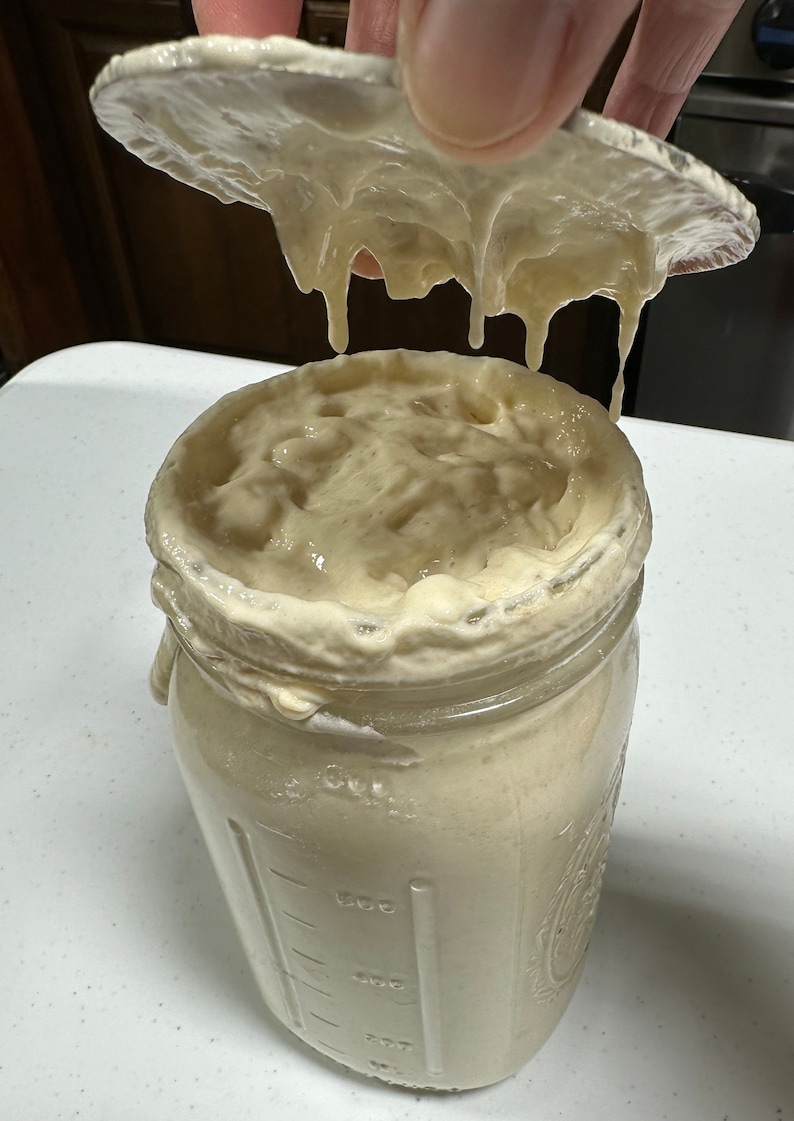 May include: A glass jar filled with a light brown, bubbly sourdough starter. The starter is rising and overflowing from the jar. A person is holding a lid over the jar, which is also covered in the starter.