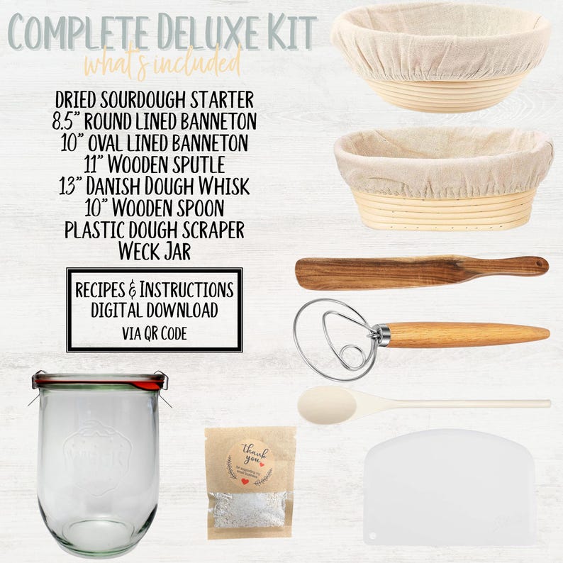Pu&ograve; includere: Un kit completo deluxe per la preparazione del pane a lievitazione naturale. Include lievito madre essiccato, cestini per la lievitazione (21,6 cm rotondi e 25,4 cm ovali), spatola in legno, frusta danese, cucchiaio in legno, raschietto per impasto in plastica, barattolo Weck e istruzioni.