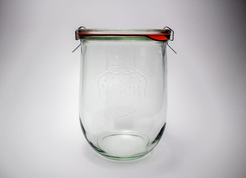 May include: A clear glass jar with a red and green lid and a silver metal clamp. The jar has a raised, embossed design of a flower on the front.