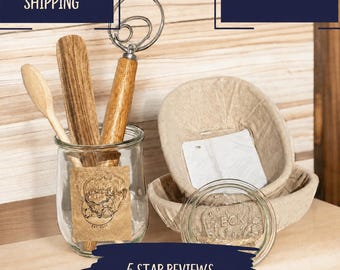 Complete Sourdough Making Kit - Organic Dehydrated Starter, Wooden Banneton Basket, Recipe Book,  Beginner Bread Baking Kit, Fast Shipping