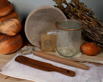 Complete Sourdough Starter Kit for beginners, San Francisco, Bread making, Gift for baker, Banneton, Danish Whisk, Spurtle, Fast Shipping