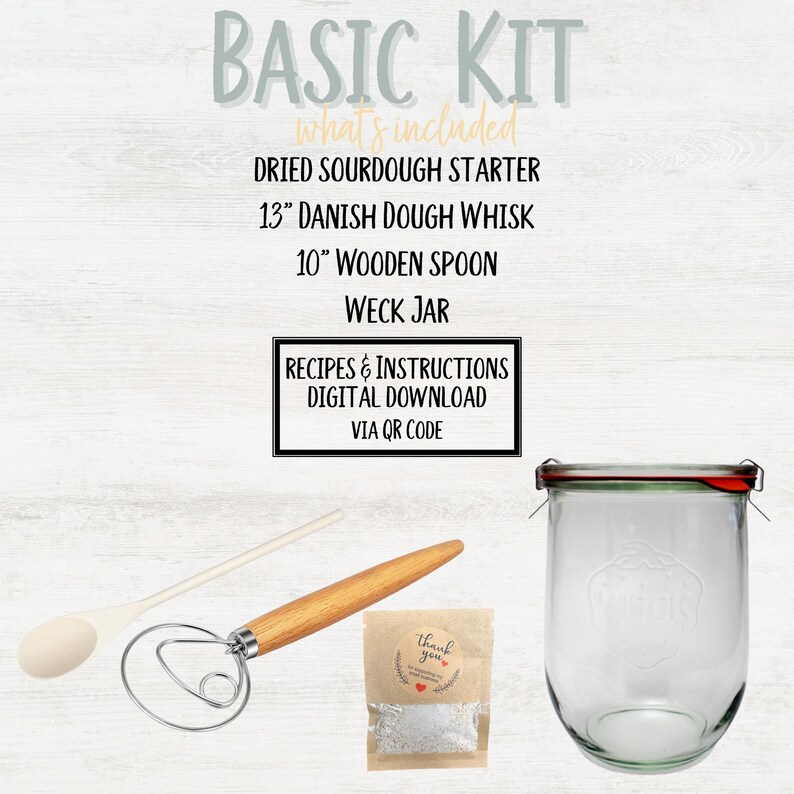 Basic Sourdough Starter Kit with Weck Tulip Jar, San Francisco 150 year old, Bread making kit, Danish Whisk, Spoon, Recipes, Fast Shipping image 2